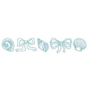 May include: A collection of teal-colored embroidered designs on a white background. The designs include a spiral seashell, two bows, and two different seashell shapes. The embroidery has a delicate, stitched appearance, suitable for crafting or embellishment.