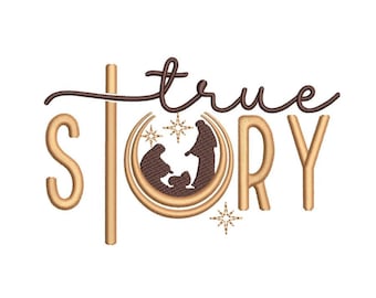 May include: A gold and brown embroidery design with the text "true story" and a crescent moon with a star and a nativity scene inside.