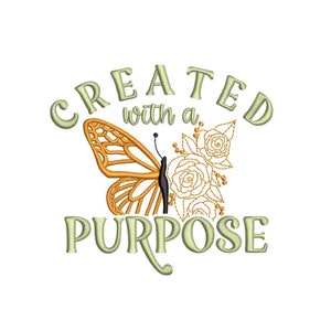 Puede incluir: Un diseño de bordado verde y blanco con una mariposa con detalles florales y el texto "Creado con un propósito".