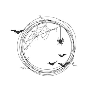 May include: Black and white illustration of a spider web with a spider hanging from it, surrounded by a circle of bats. The circle is made of thin lines.