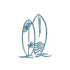 May include: A line drawing of two teal surfboards on a white background. One board features floral designs, the other has wave patterns. The image suggests a beach theme, with the boards standing together.