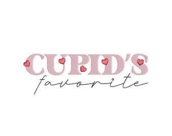 May include: Pink text that reads "CUPID'S favorite" with small red hearts scattered around the text.