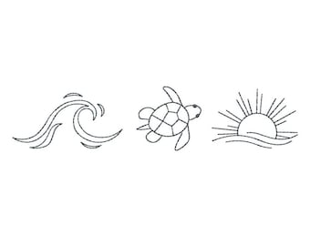 May include: A black and white line drawing of a wave, a turtle, and a sun rising over the ocean.