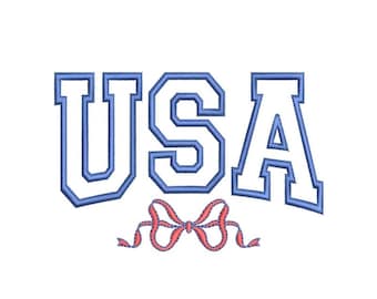 May include: USA in blue outlined letters with a red bow underneath.