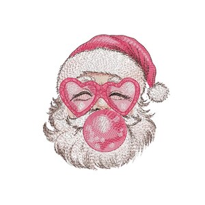 May include: A Santa Claus face with a white beard and mustache, wearing pink heart-shaped sunglasses and blowing a pink bubble. He is wearing a red Santa hat with a white pom-pom.