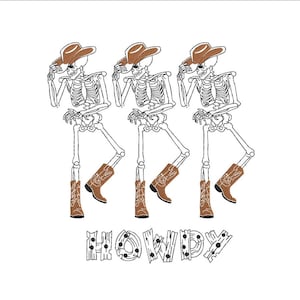 Dancing Skeletons Embroidery Design, Howdy Western Embroidery, Cowboy Embroidery, Halloween Embroidery Design, Digital File, 3 sizes