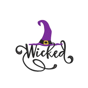 May include: A black and white cursive font design that says "Wicked" with a purple witch hat with a yellow buckle above the word.