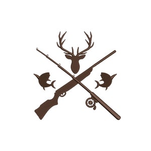 Peut inclure: Une silhouette brune d'une tête de cerf avec des bois, une canne à pêche, un fusil et deux poissons. La canne à pêche et le fusil sont croisés au centre de l'image.