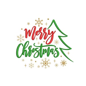 May include: Green and red stylized text that reads "Merry Christmas" with a green stylized Christmas tree and gold snowflakes.