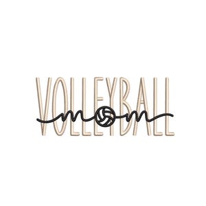 Könnte beinhalten: Volleyball-Mama Stickdatei mit dem Wort "Mama" in einer kursiven Schriftart und einer Volleyballgrafik.