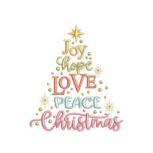 以下が含まれることがあります： さまざまな色で「Joy, Hope, Love, Peace, Christmas」という言葉が書かれたクリスマスツリーのデザイン。 金色の星と小さな金と黄色のアクセントが含まれており、ホリデーデコレーションに最適です。