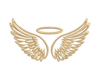 May include: Embroidered design of angel wings and a halo in a gold color. The wings are symmetrical and detailed, with each feather individually defined. The halo is a simple, circular shape above the wings.