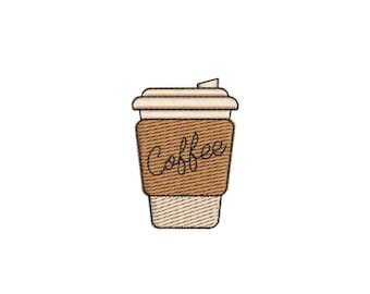 May include: A brown and beige coffee cup with a white lid and the word "Coffee" written on the side.