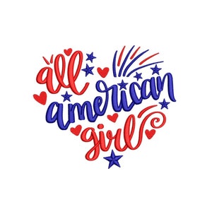 May include: A red and blue heart-shaped design with the text "all american girl" and stars and hearts.