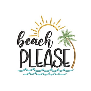 May include: Beach Please text with a sun, palm tree, and waves in a black, yellow, green, and blue color scheme.