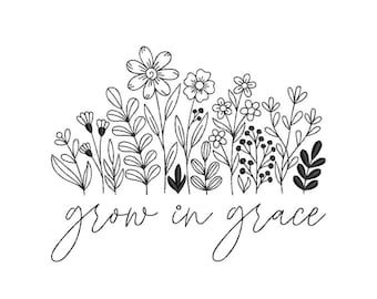 Op de afbeelding: Zwart-witte lijntekening van een tuin met bloemen en de tekst "grow in grace".