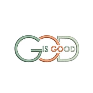 Może przedstawiać: Haftowany wzór na białym tle. Tekst "GOD IS GOOD" jest wyświetlany w stylizowanym, połączonym ze sobą wzorze. Litery są w odcieniach zieleni, pomarańczy i jasnozielonego.