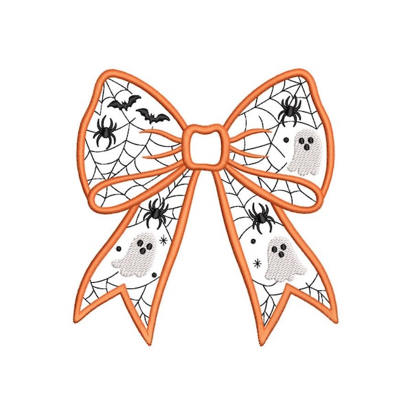 Halloween Spiderweb Bow Machine Embroidery Design with Ghosts and Bats 5x7–8x8 Digital File