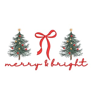 Könnte beinhalten: Ein festliches Design mit zwei gestickten Weihnachtsbäumen mit roten und goldenen Ornamenten, einer roten Schleife und den Worten "merry & bright" in roter Schrift. Das Bild ist vor einem weißen Hintergrund gehalten, der ein festliches Thema hervorruft.