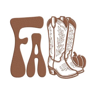 May include: A brown embroidered design with the word "FALL", two white cowboy boots, and a pumpkin. The boots have decorative stitching. The design is on a white background.