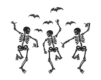 Disegno per ricamo di scheletri danzanti, file digitale di Halloween, 4 misure