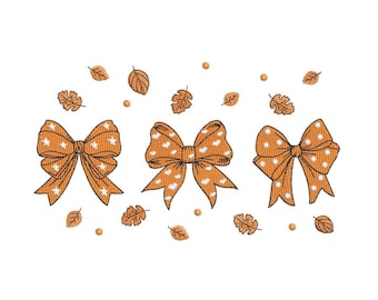 May include: Three orange bows with white polka dots are scattered on a white background with small orange leaves.