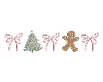 Könnte beinhalten: Gesticktes Design mit einem Weihnachtsbaum, einem Lebkuchenmann und rosa Schleifen. Der Baum ist grün mit rosa Ornamenten und einem Stern. Der Lebkuchenmann hat eine Fliege und ein lächelndes Gesicht. Die Schleifen sind rosa.