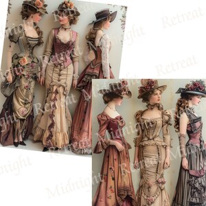May include: Several women in vintage-style dresses and hats. The dresses feature corsets, floral accents, and layered skirts in shades of brown, pink, and beige. The hats are adorned with flowers and ribbons, creating an elegant, historical aesthetic.
