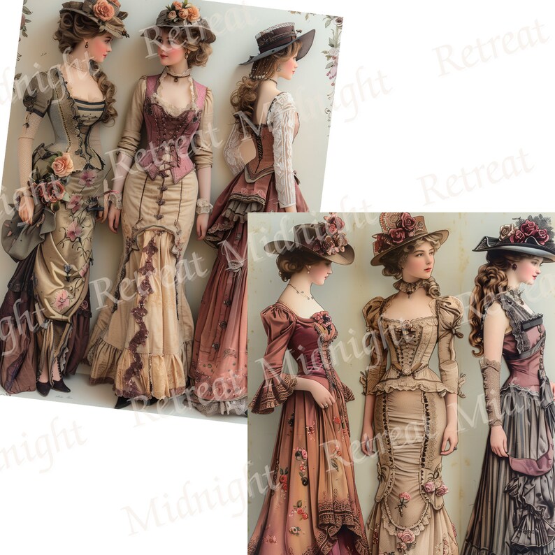 May include: Several women in vintage-style dresses and hats. The dresses feature corsets, floral accents, and layered skirts in shades of brown, pink, and beige. The hats are adorned with flowers and ribbons, creating an elegant, historical aesthetic.