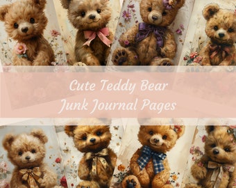 printable cute teddy bear junk journal pages. digital pages for collage. junk journals, filler journal paper