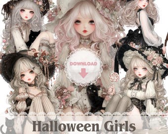 Halloween Girls Clipart Bundle | Japanese Anime Girl 12PNG 300DPI