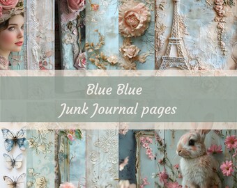 printable ancient blue blue pages digital pages for collage junk journals, filler journal paper