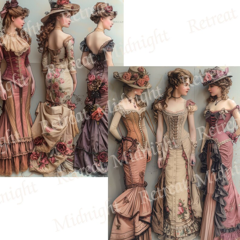 May include: A collection of vintage-style dresses in shades of pink, brown, and beige. The dresses feature floral patterns, corsets, and elaborate detailing. Each woman wears a hat adorned with flowers, evoking a Victorian era aesthetic.
