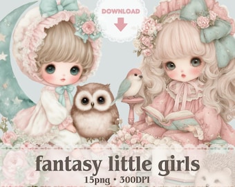 Fantasy little girls clip art | Vintage style watercolor 15 PNG 300DPI