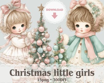 Christmas little girls clip art | Vintage style watercolor 15 PNG 300DPI
