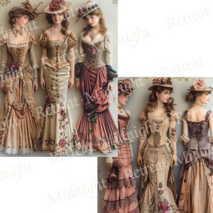 May include: Several Victorian-era dresses in shades of tan, peach, and rose are displayed. The dresses feature corsets, floral embellishments, and elaborate skirts. Each dress is paired with a matching hat.