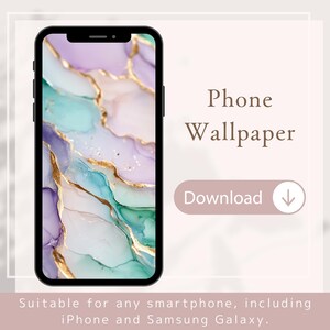 May include: A smartphone displays a digital phone wallpaper with a watercolor design in shades of purple, teal, and gold. The image includes the words "Phone Wallpaper" and a "Download" button. The text at the bottom reads "Suitable for any smartphone, including iPhone and Samsung Galaxy."