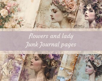 printable flower and lady junk journal pages. digital pages for collage. junk journals, filler journal paper