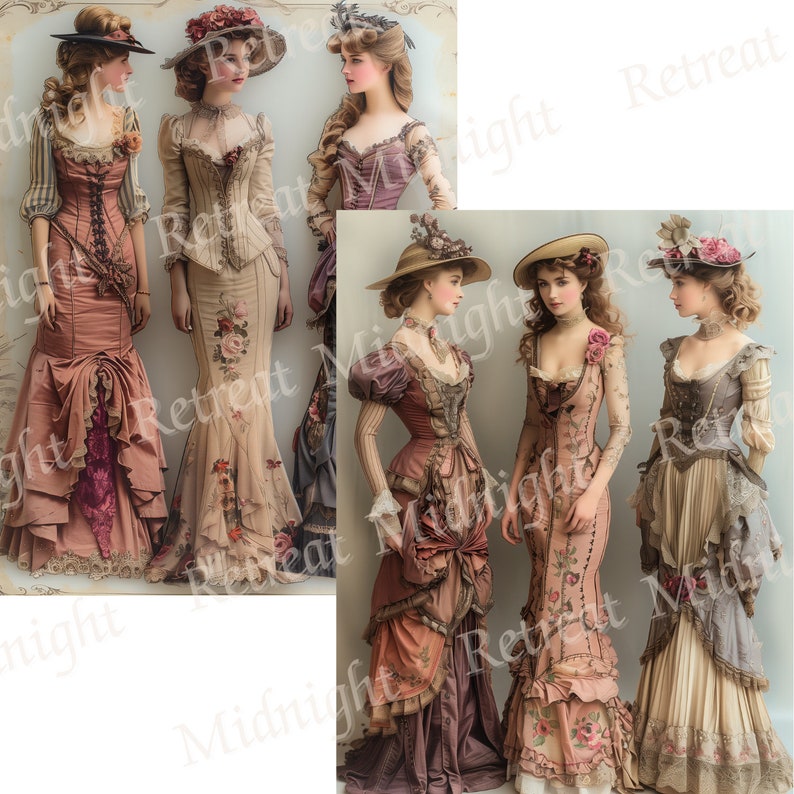 May include: A collection of vintage-style dresses in shades of pink, beige, and purple. The dresses feature intricate floral patterns, corseted bodices, and layered skirts. Each woman wears a hat adorned with flowers and ribbons, evoking a sense of historical elegance.