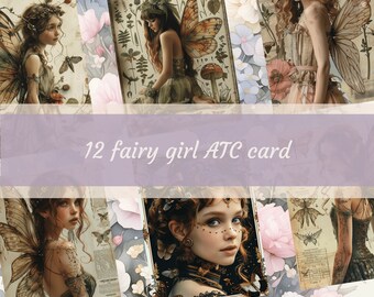 printable 12 fairy girl ATC card digital pages for collage junk journals, filler journal paper