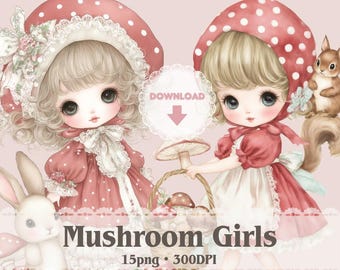 Mushroom Girls clip art | Vintage style watercolor 15 PNG 300DPI