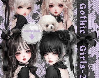 Gothic Girls -2 Clipart Bundle | 12 PNG Printable Japanese Anime Illustrations | 300DPI