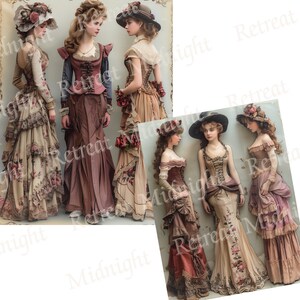 May include: Several women in vintage-style dresses and hats. The dresses feature layered skirts, corsets, and floral patterns in shades of brown, beige, and pink. Some wear hats adorned with flowers and ribbons. The overall aesthetic is reminiscent of historical fashion.
