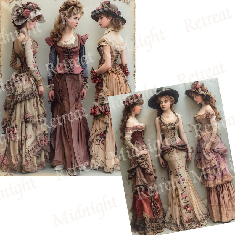 May include: Several women in vintage-style dresses and hats. The dresses feature layered skirts, corsets, and floral patterns in shades of brown, beige, and pink. Some wear hats adorned with flowers and ribbons. The overall aesthetic is reminiscent of historical fashion.