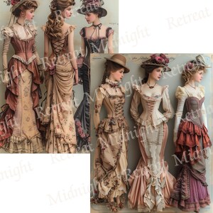May include: Digital illustration of several Victorian-era dresses. The dresses feature corsets, floral patterns, and layered skirts in shades of brown, pink, and cream. The women are wearing hats with floral accents.