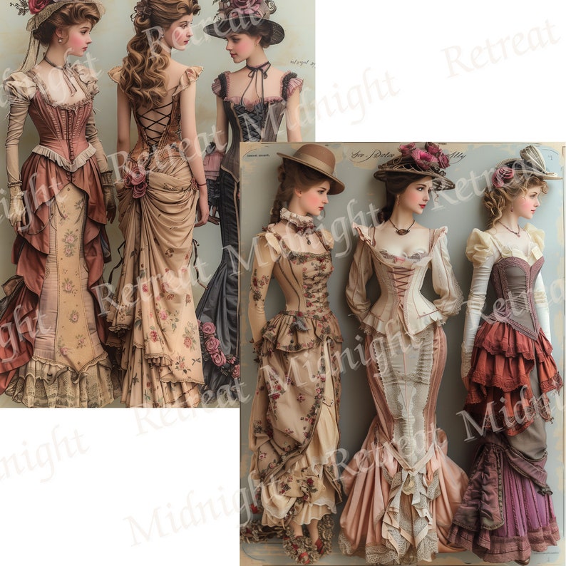 May include: Digital illustration of several Victorian-era dresses. The dresses feature corsets, floral patterns, and layered skirts in shades of brown, pink, and cream. The women are wearing hats with floral accents.