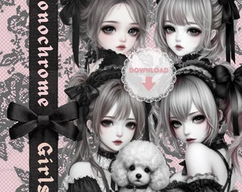 Monochrome Girls-1 Clipart Bundle | 15 PNG Printable Japanese Anime Illustrations | 300DPI