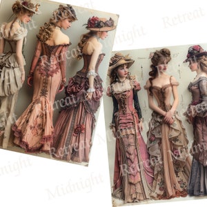 May include: Digital art print featuring four women in vintage Victorian-era dresses. The dresses are in shades of pink, peach, and brown, with intricate details like lace, ruffles, and floral accents. Each woman wears a hat.