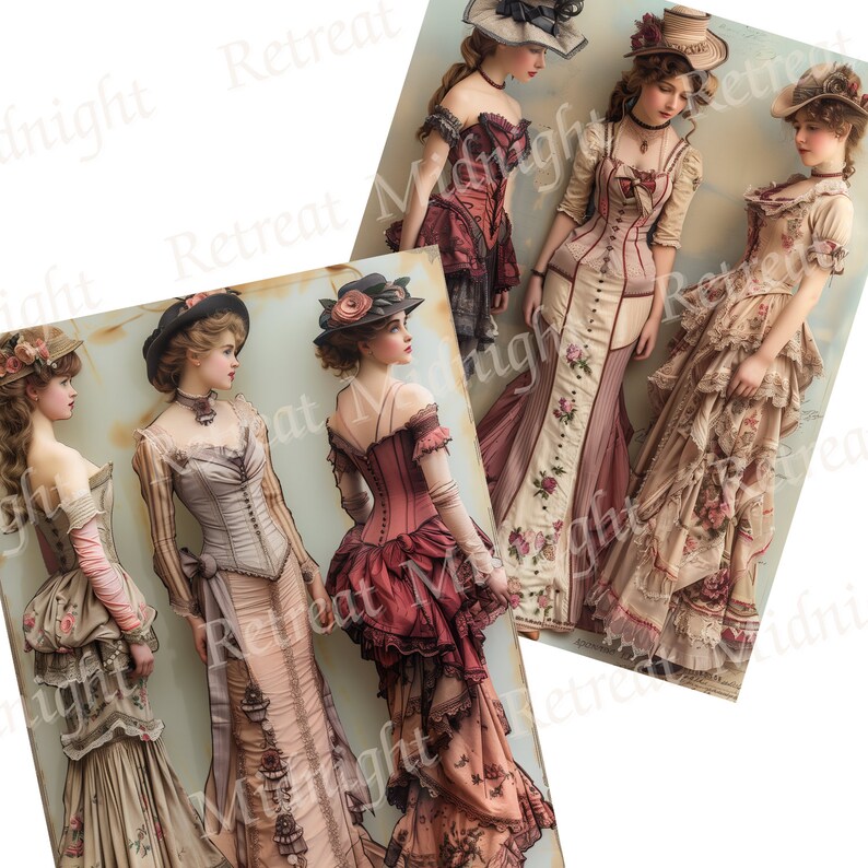 May include: Digital art print featuring several women in Victorian-era dresses. The dresses are in shades of pink, beige, and burgundy, with floral and lace details. Each woman wears a hat with floral accents.