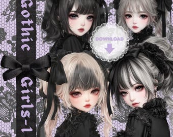 Gothic Girls-1 Clipart Bundle | 12 PNG Printable Japanese Anime Illustrations | 300DPI